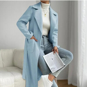 Baby Blue Preppy Womens Lapel Neck Dual Pocket Belted Overcoat